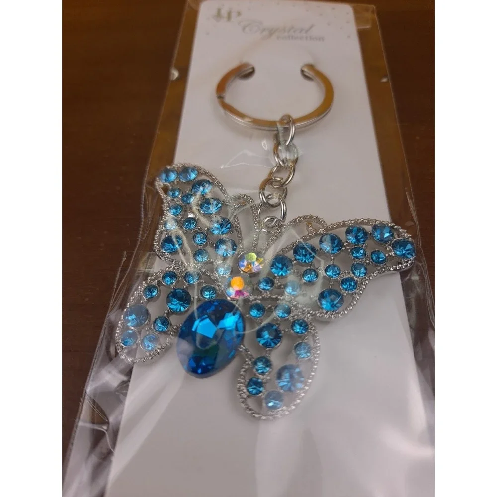 NIP Crystal Collection Blue‎ Crystal Butterfly Silver Tone Keychain Backpack